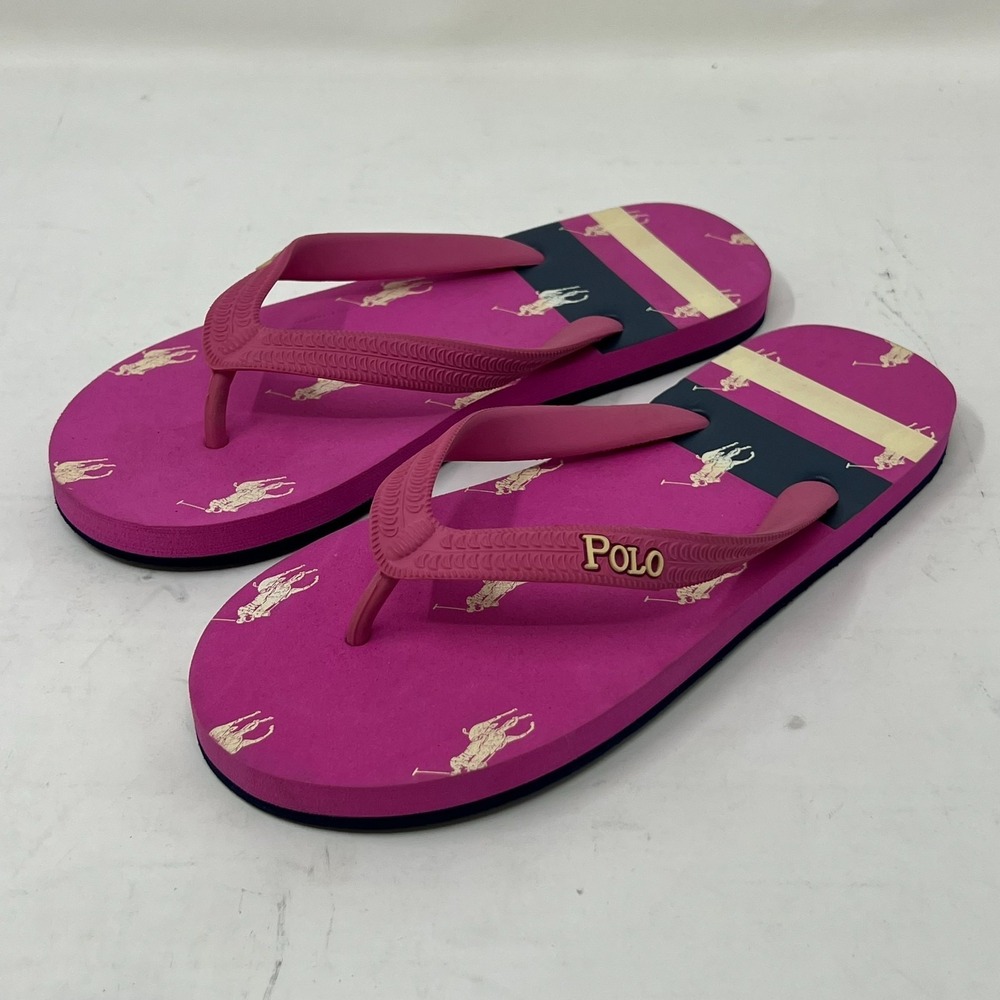 Polo Ralph Lauren Unisex Junior Flip Flop Pink/Ivory Pony Logo US Size 4 VTG NEW